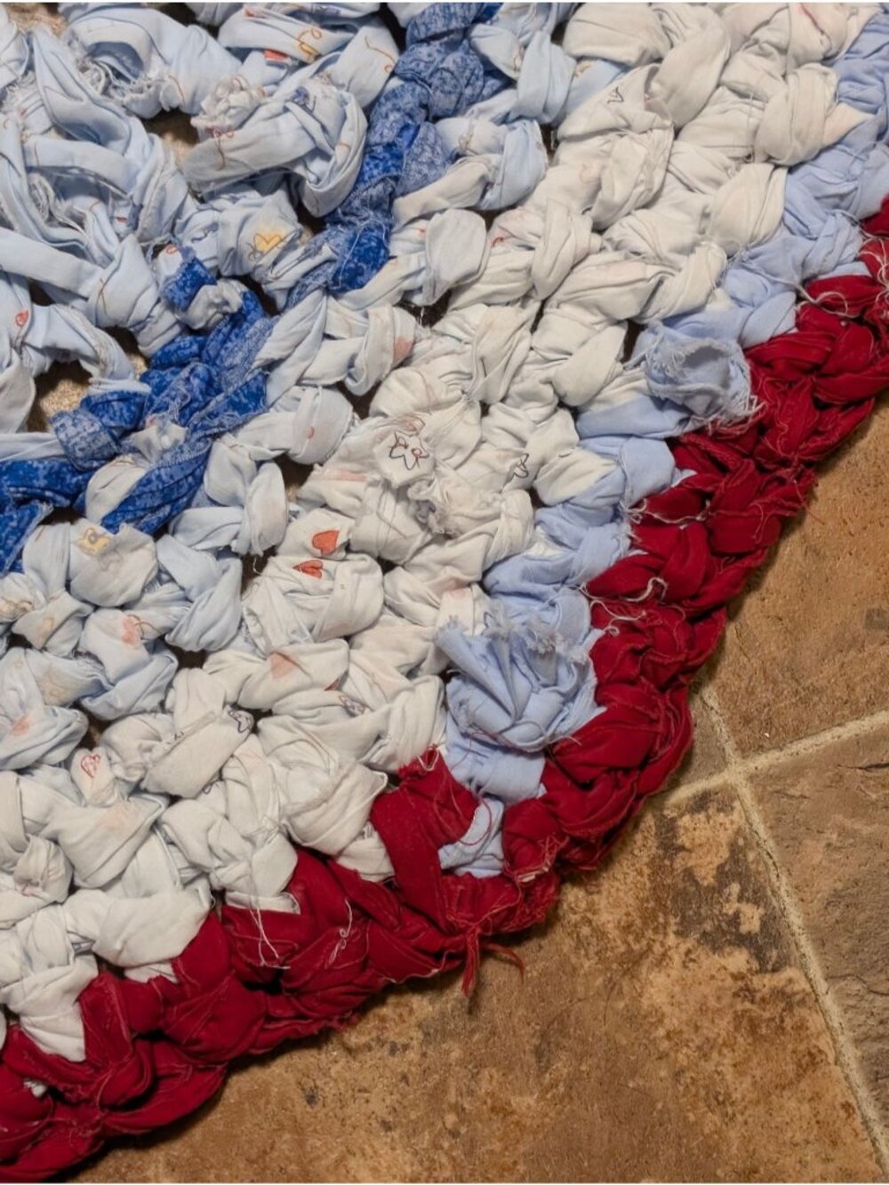 Handmade Round Crocheted Rug In Red White & Blue With Upcycled Fabric Strips - R - Picture 4 of 5